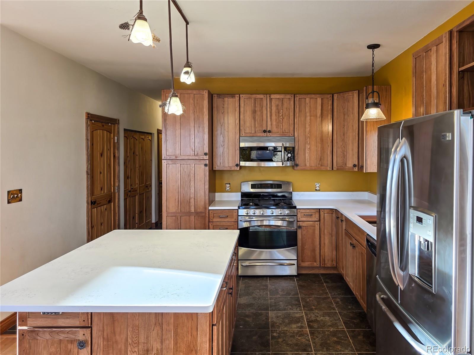 2020 Mullenville Road Fairplay, CO 80440 - Photo 17 of 49 a kitchen with stainless steel appliances a stove refrigerator sink and microwave