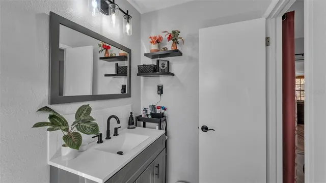 a bathroom with a sink and a mirror