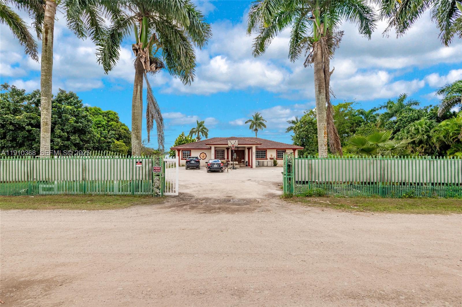 a view of a yard with palm trees