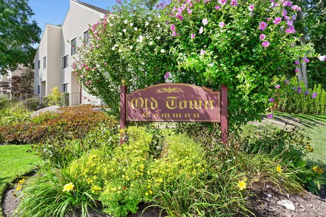 a sign that is sitting in front of flowers