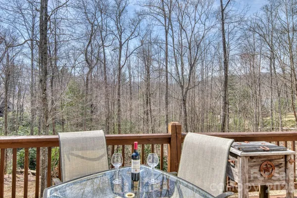 a view of a patio in a backyard