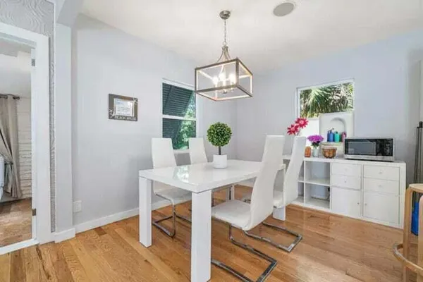 a view of a dining room with furniture wooden floor and chandelier