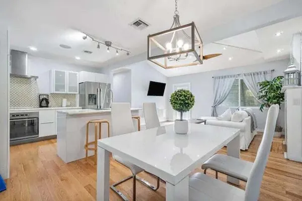 a view of a dining room with furniture and wooden floor
