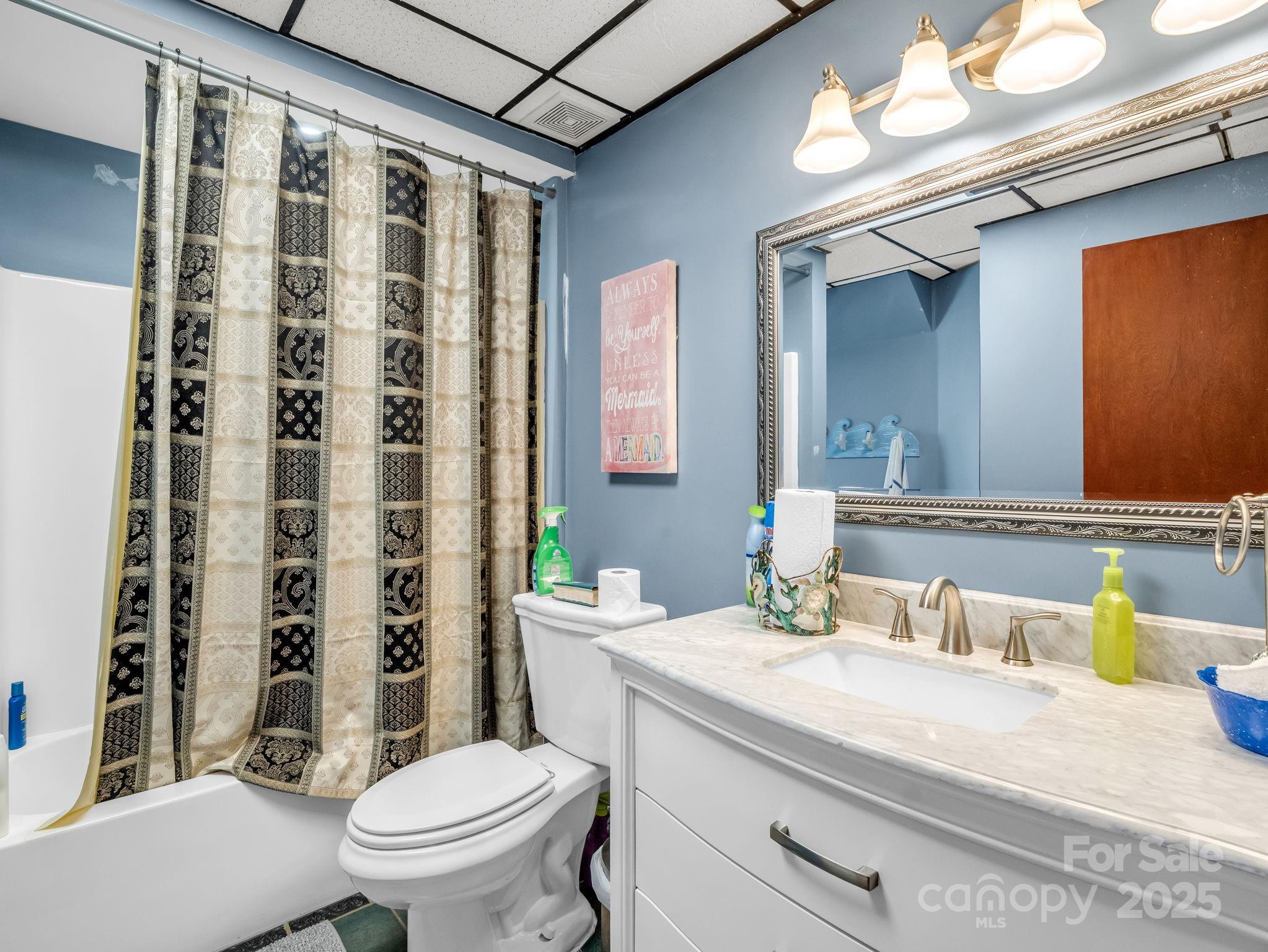 1102 South Mountain Road Bostic, NC 28018 - Photo 28 of 48 a bathroom with a granite countertop sink a toilet a mirror and shower curtain