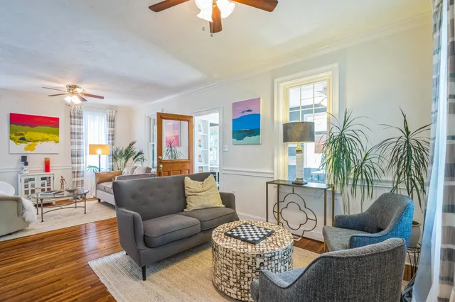 a living room with furniture and a potted plant
