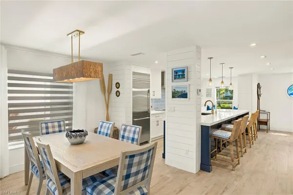 a view of a dining room with furniture