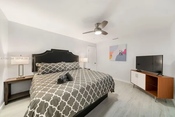 a bedroom with a large bed and a flat screen tv