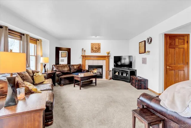 a living room with furniture a flat screen tv and a fireplace