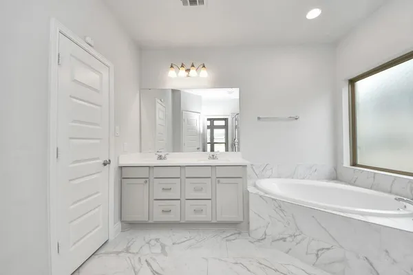 a bathroom with a double vanity sink a vanity and a mirror