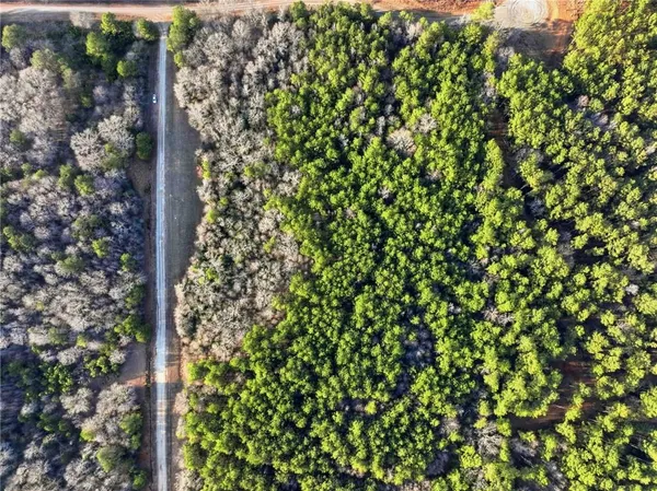 an aerial view of residential houses with outdoor space and trees