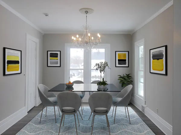 a dining room with furniture and window