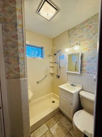 a bathroom with a toilet sink vanity shower and mirror