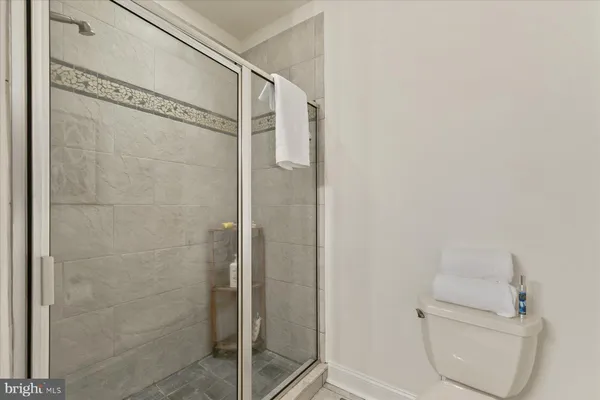 a bathroom with a shower and toilet
