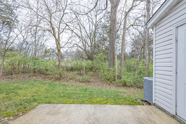 a view of backyard with outdoor seating and green space
