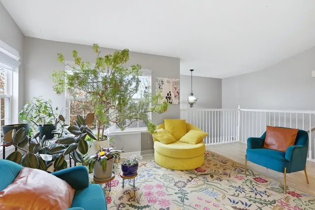 a living room with furniture and a potted plant