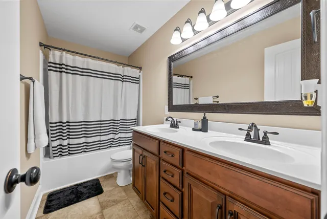 a bathroom with a sink a toilet a mirror and shower