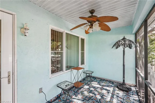 a view of a porch with a tv