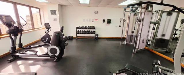 a view of a room with gym equipment