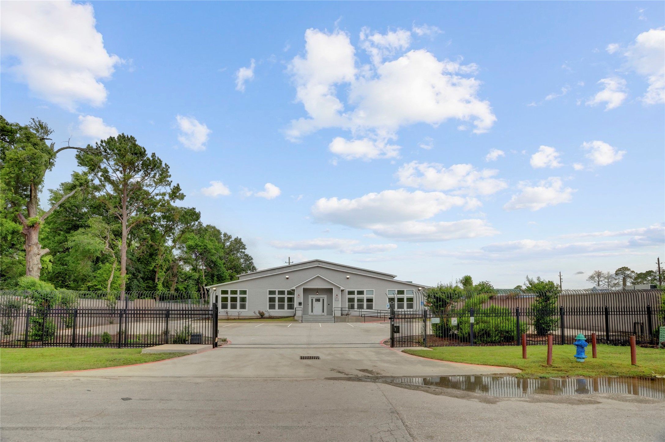a front view of a house with a garden and plants