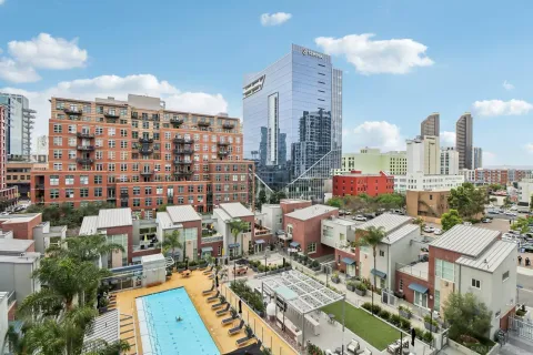 a city view with tall buildings