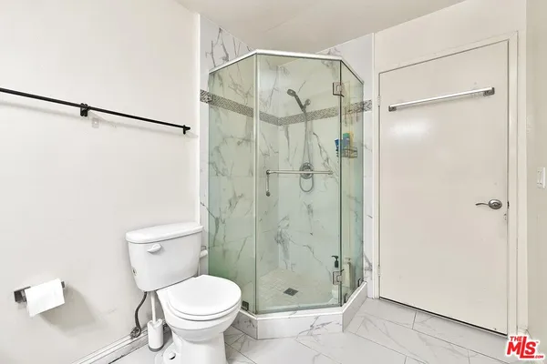 a bathroom with a shower and a toilet