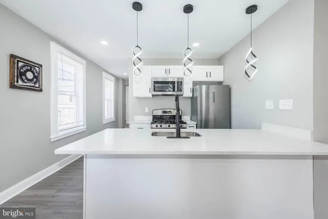 a view of a kitchen with wooden floor