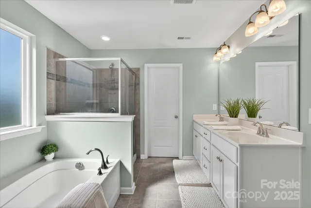 a bathroom with a tub sink and mirror