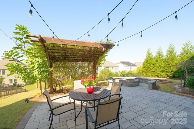 a backyard of a house with table and chairs