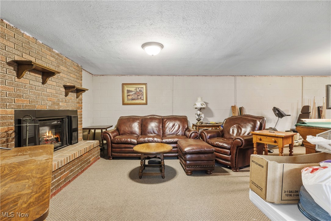 14816 Denman Road Wakeman, OH 44889 - Photo 26 of 41 Carpeted living room featuring concrete block wall, a fireplace, and a textured ceiling