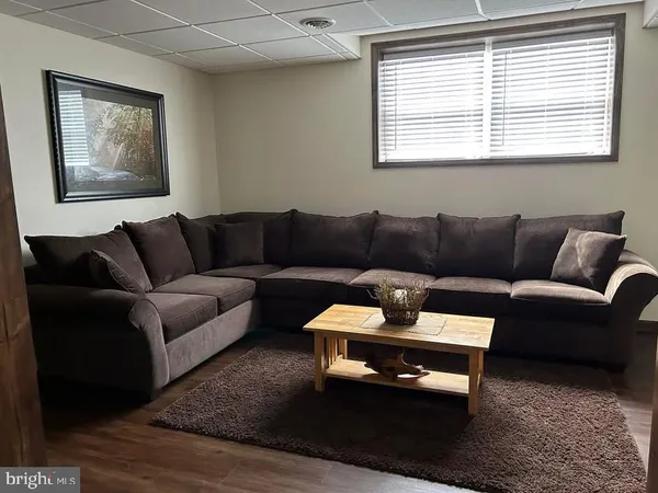 a view of a park with large trees