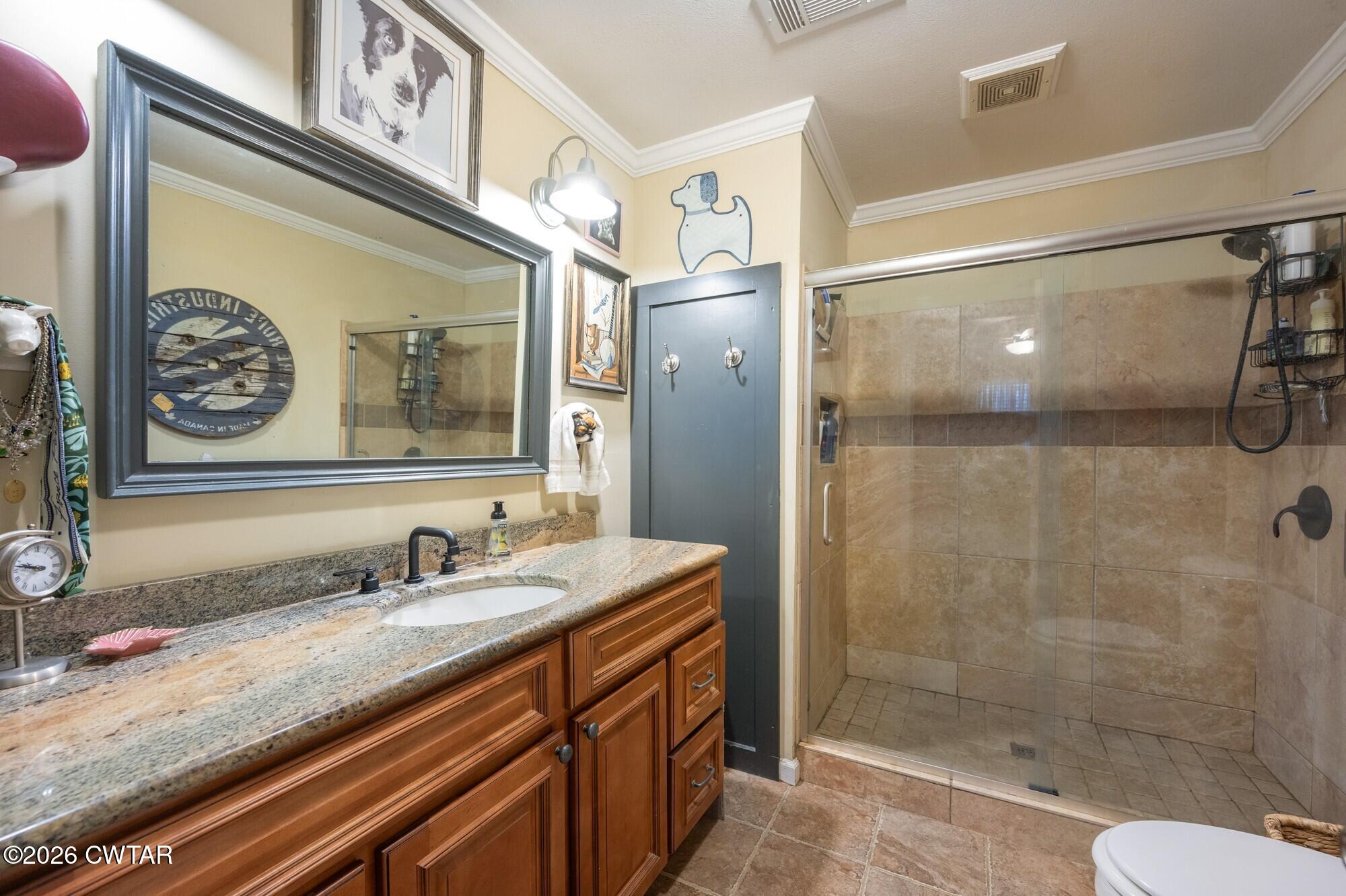 2108 Bohannon Landing Road Sugar Tree, TN 38380 - Photo 17 of 57 a bathroom with a granite countertop sink mirror and shower