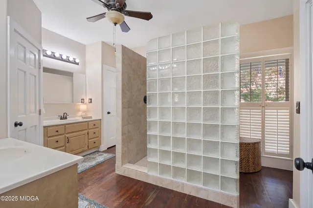 a room with a cabinets and a window