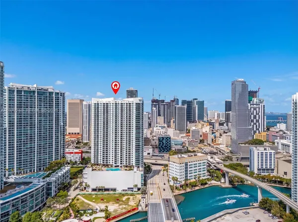 a front view of a city with tall buildings