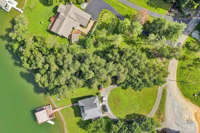an aerial view of a house with swimming pool and large trees