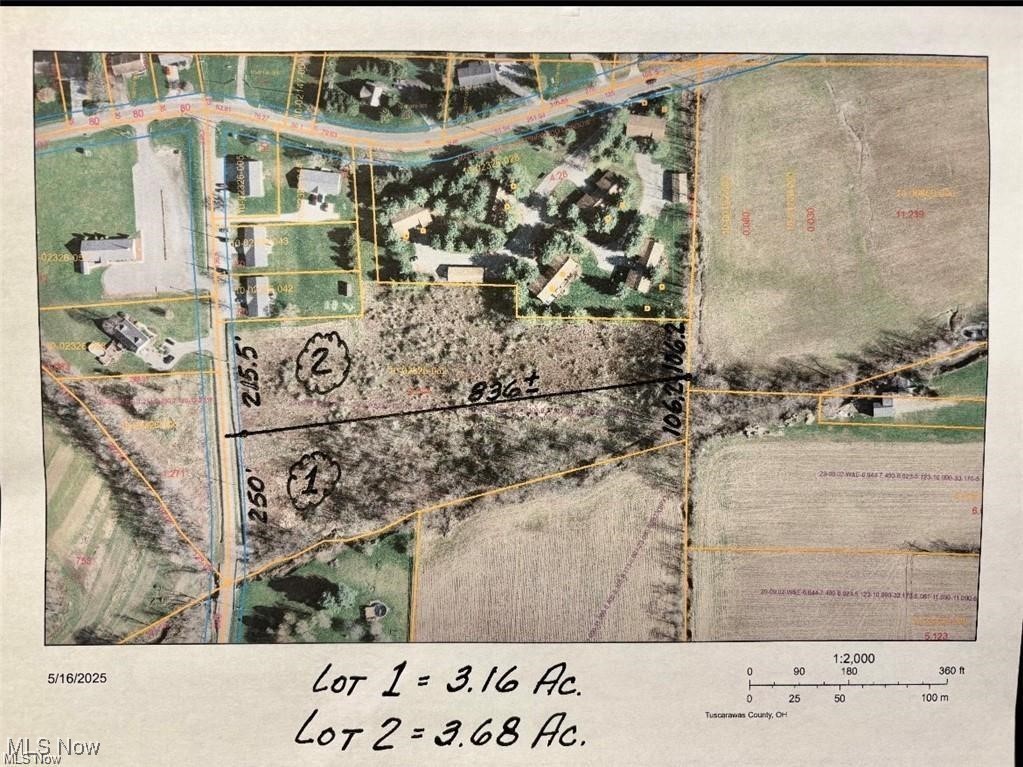 Aerial map of property and surrounding area featuring property parcel outlined