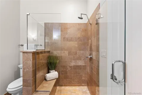 a bathroom with a shower and a toilet