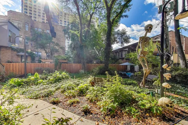 a view of a field with an trees in the background