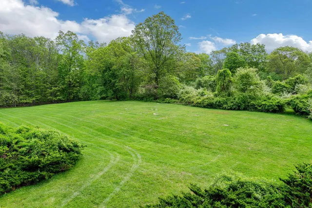 a view of a garden with a building in the background