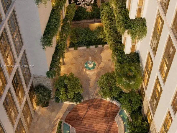 an aerial view of garden with swimming pool