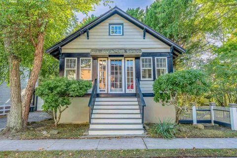 a view of a house with a yard plants and large tree