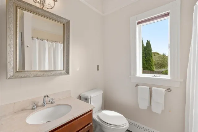 a bathroom with a sink vanity and a toilet