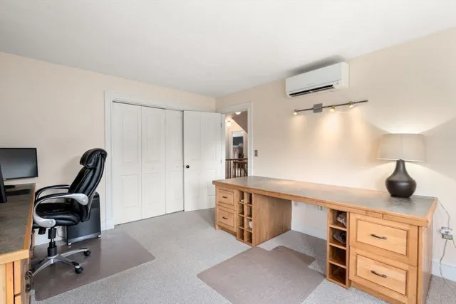 a view of workspace with cabinets