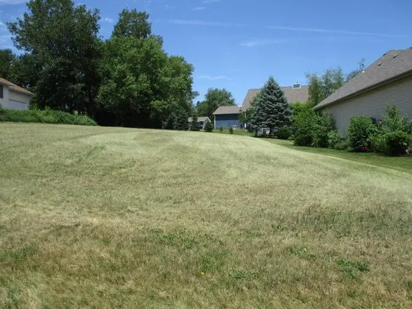 a view of a field with trees in the background