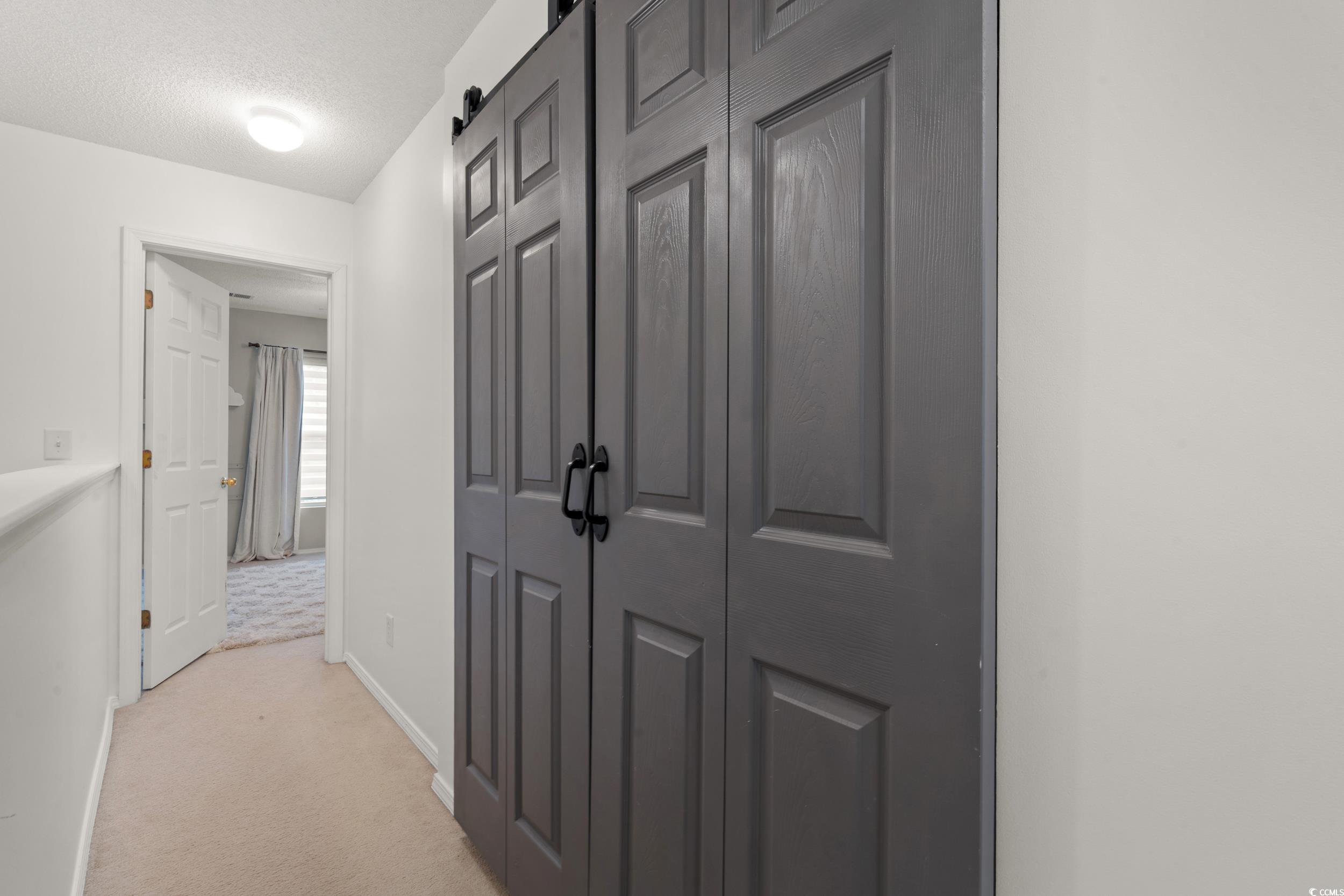 104 Olde Towne Way, Unit 5 Myrtle Beach, SC 29588 - Photo 16 of 24 Corridor featuring light colored carpet, a barn door, and a textured ceiling