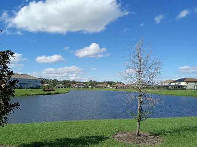 a view of a lake with a big yard