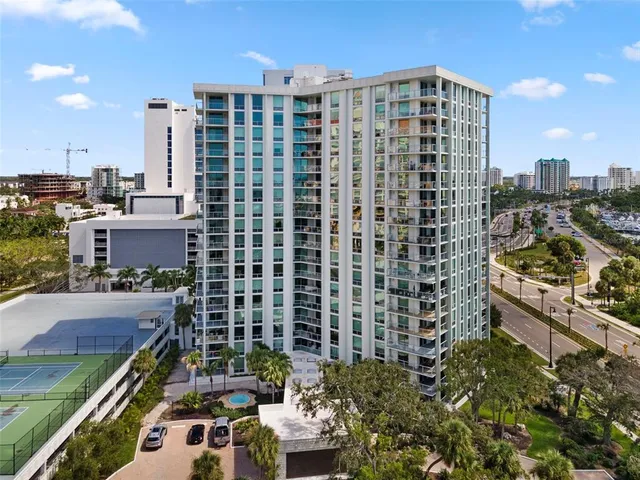 a city view with tall buildings
