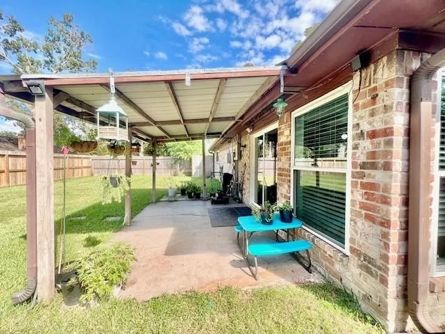 a garden view with a seating space