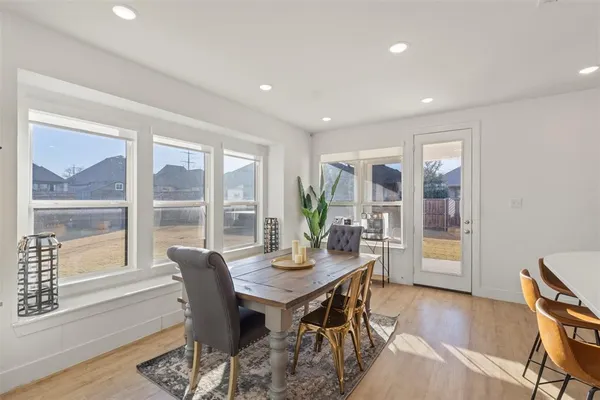 a view of a dining room with furniture window and wooden floor