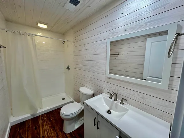 a bathroom with a sink a toilet and shower