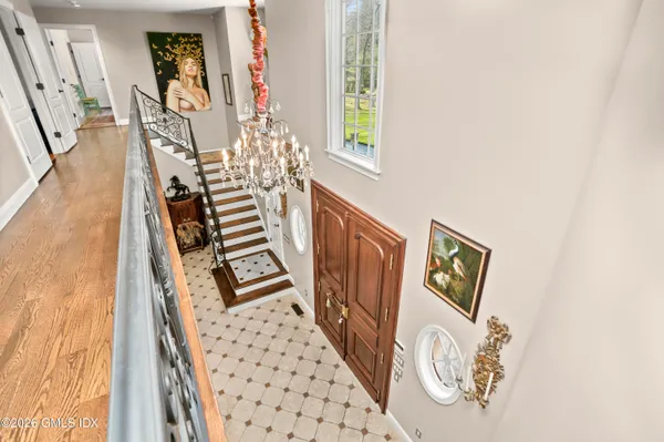 a view of a garden with a fountain